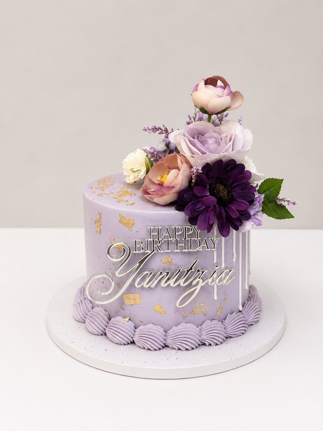 Purple Buttercream Cake with Gold Leaf & Silk Floral