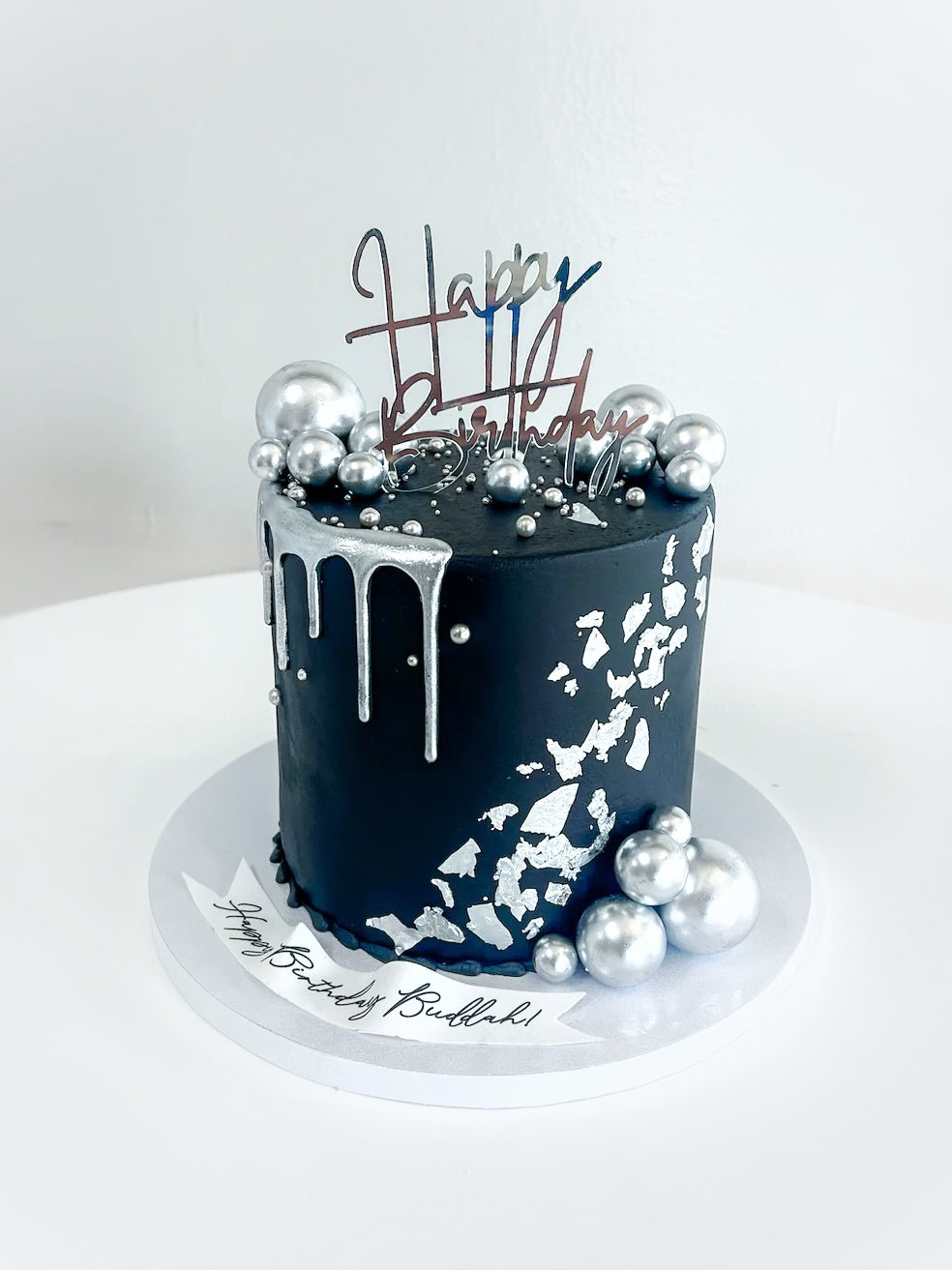 Tall Black Buttercream Cake with Silver Accents