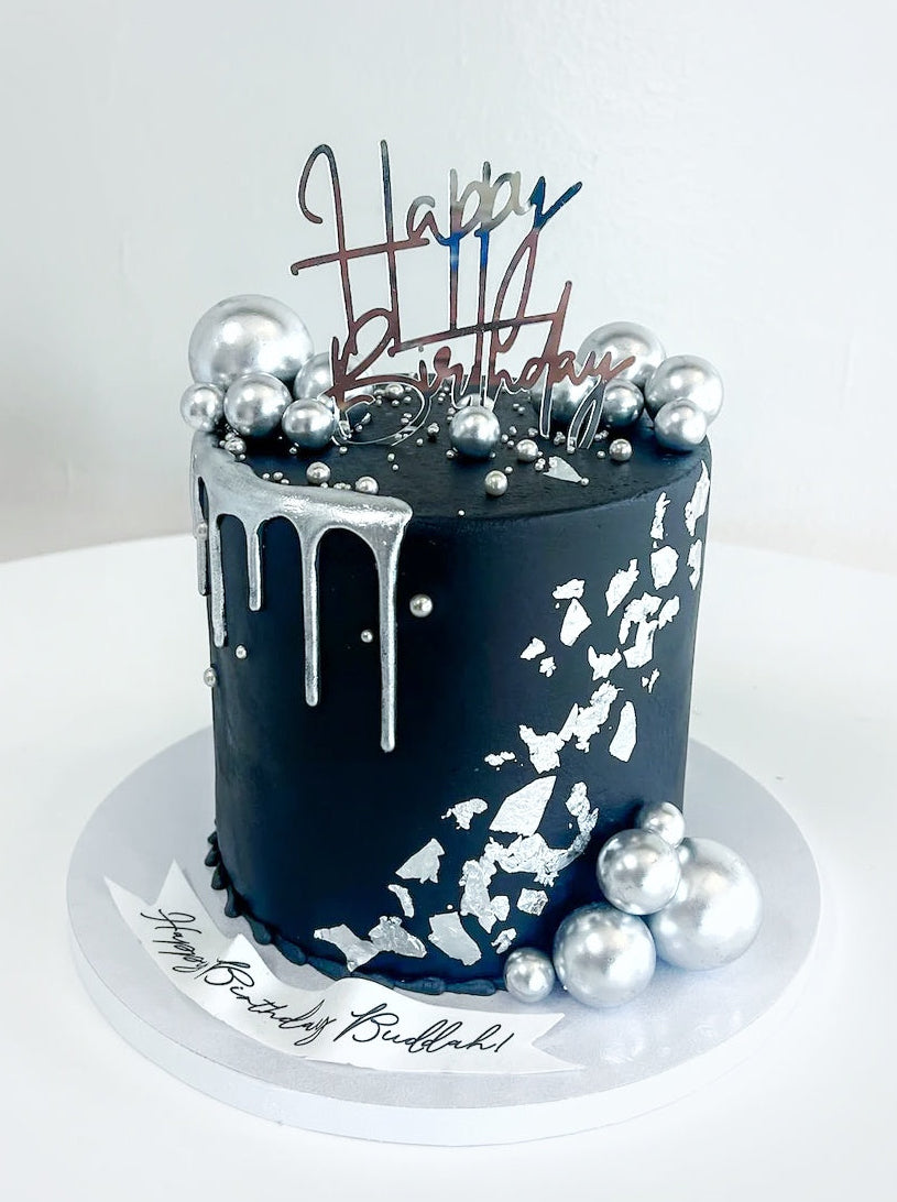 Tall Black Buttercream Cake with Silver Accents