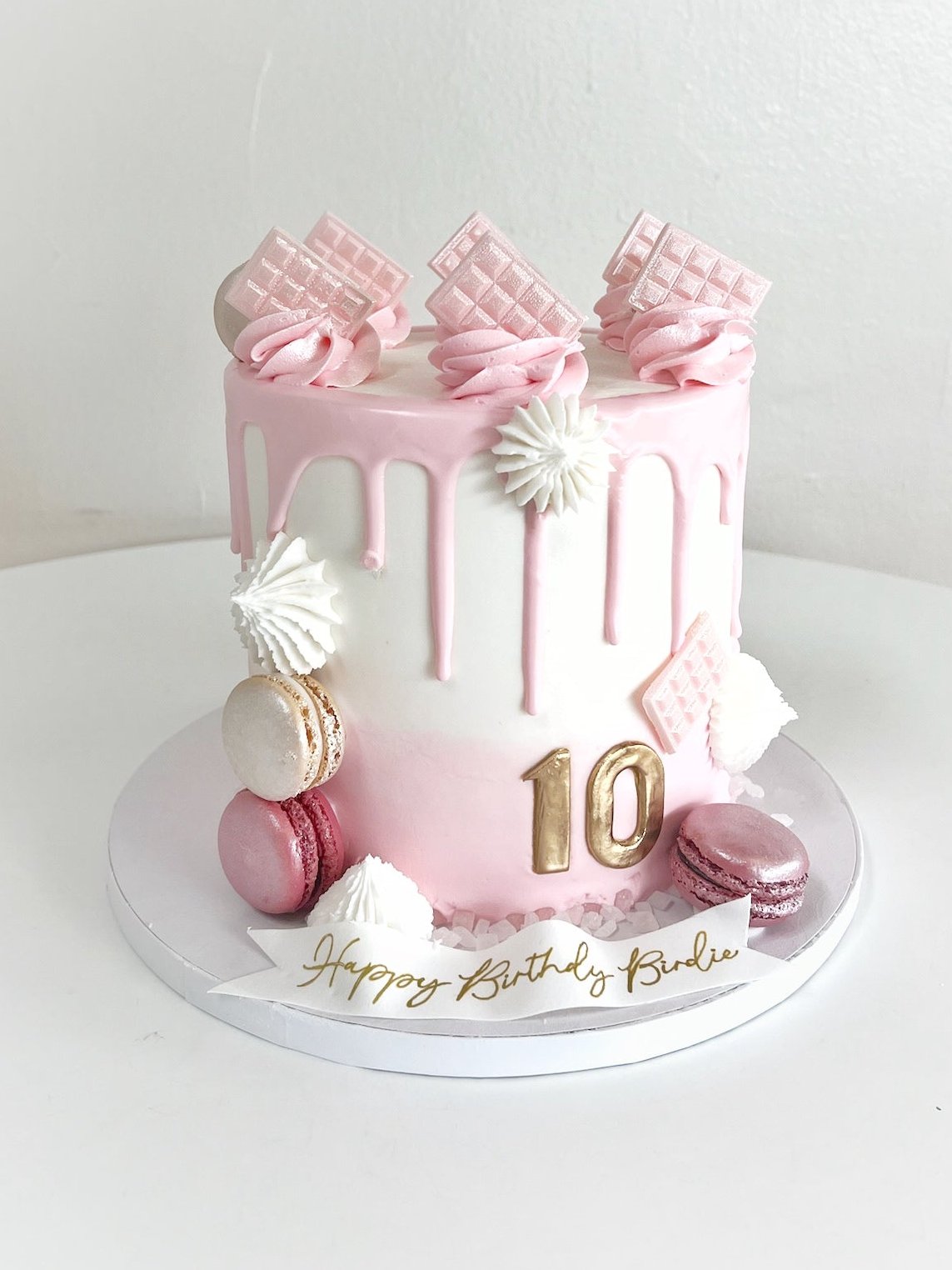 Tall Ombre Buttercream with Pink Drip and Macarons