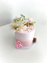 Customized Cake (Pink Rigid Textured Design with Buttercream, Silk Floral, and Macarons)