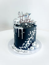 Customized Cake (Tall Design with Black Buttercream, Silver Leaf, and Silver Accents)