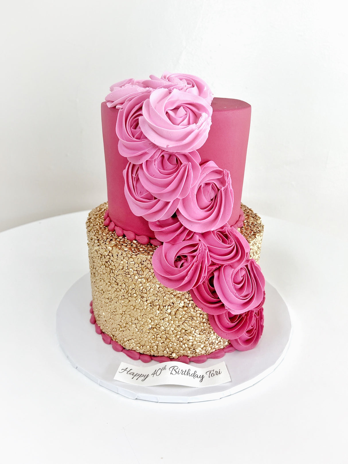 Customized Cake (2-Tier Design with Buttercream, Gold Sequence, and Buttercream Rosettes)